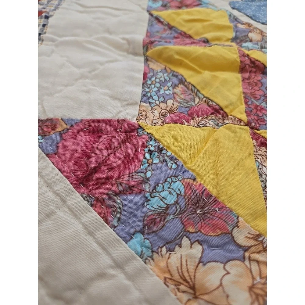Vtg Grannycore Cottagecore Flower Basket Quilt Handmade Stiched 88
